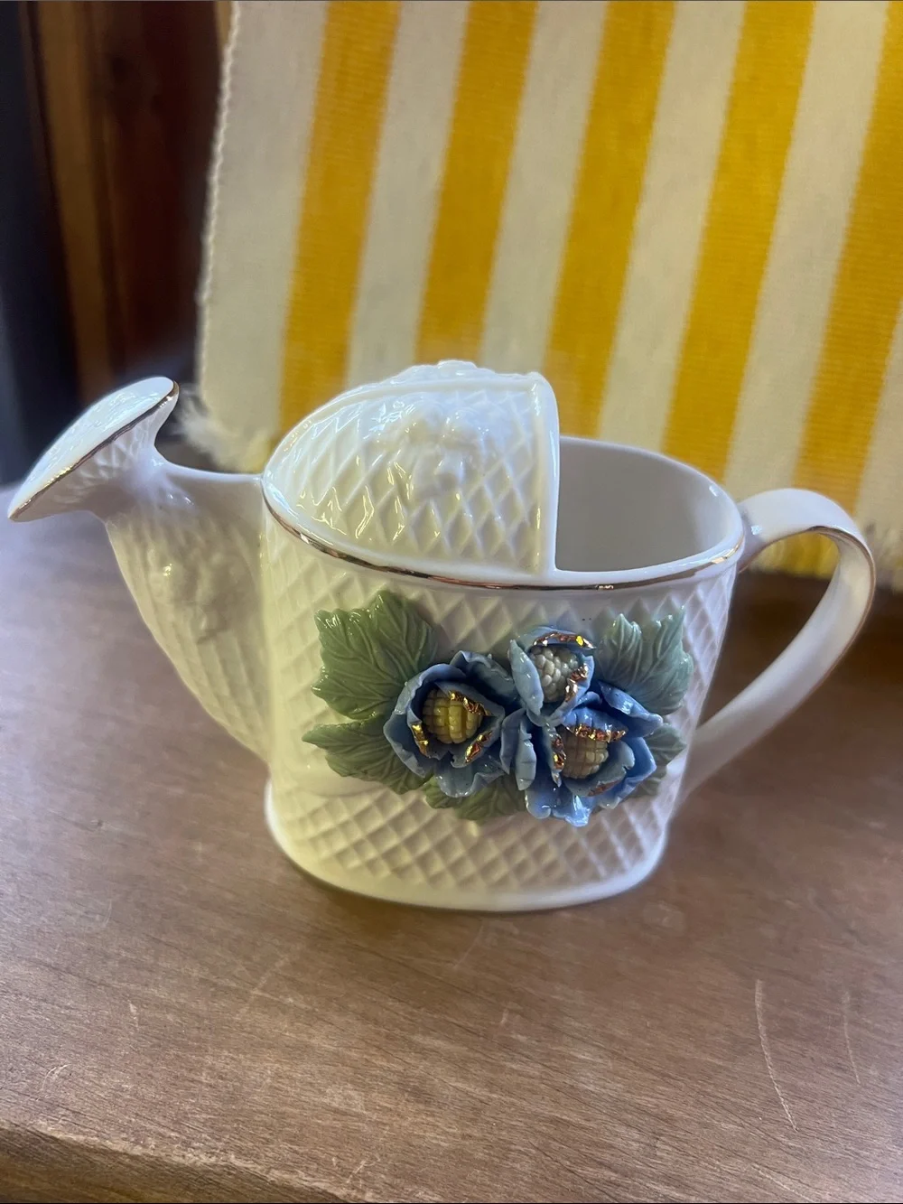 Vintage White Ceramic Watering Can Vase with Blue Floral Accents